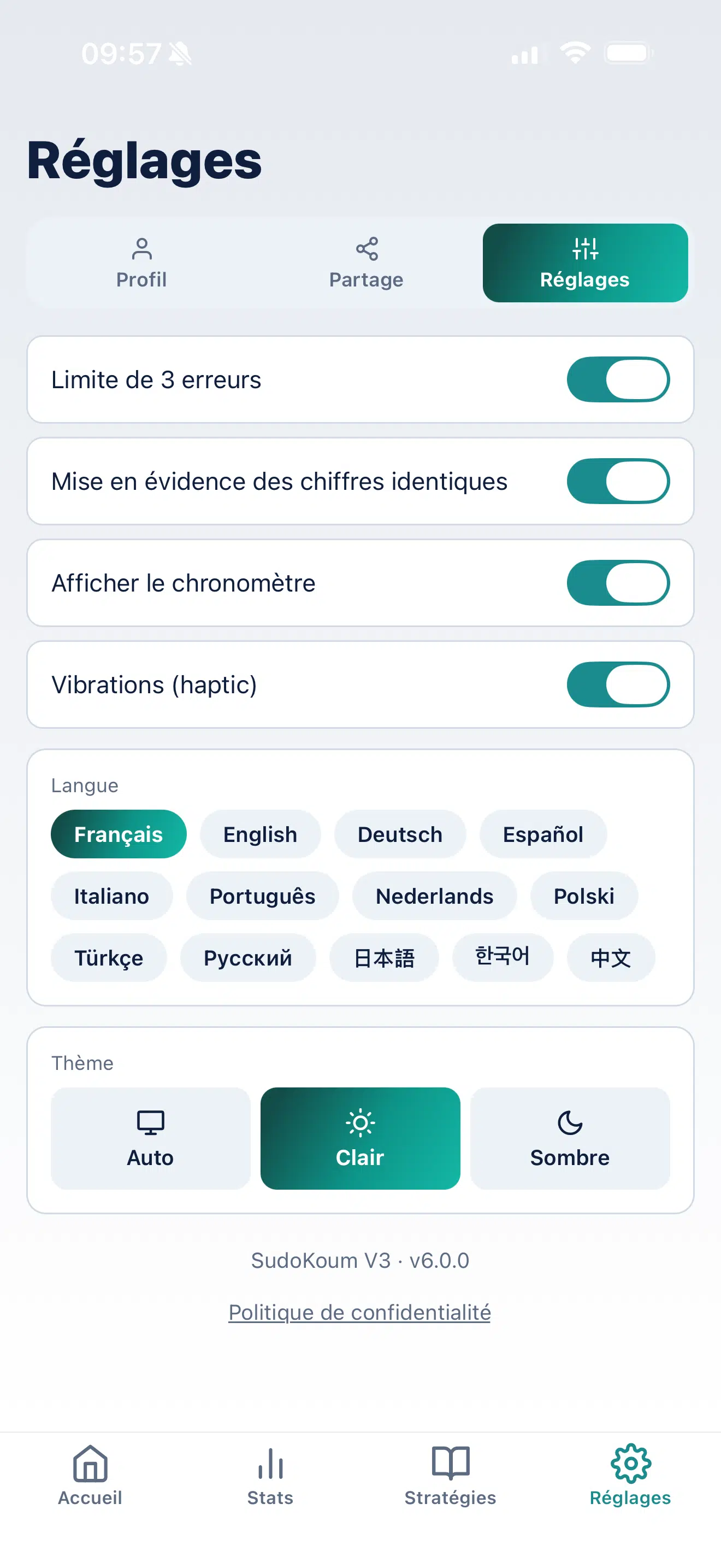 Réglages de l'application SudoKoum avec choix de langue et thème